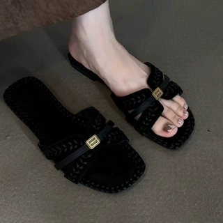 现货~羊皮版高级感休闲时尚通勤气质外穿一字拖女沙滩度假凉拖鞋