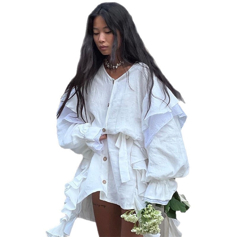 ヨーロッパとアメリカのクロスボーダー婦人服 2025 夏の新しい気質ラウンドネックデザインフリルレースアップシャツドレス|undefined
