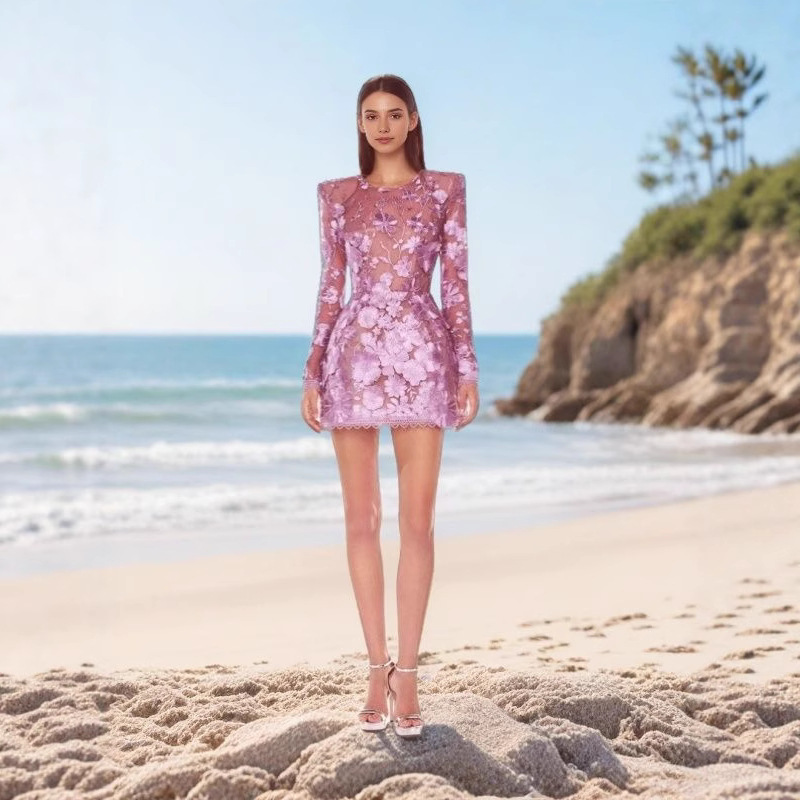 Plus-Size Women's European and American Dress Design with Heavy Embroidery, Round Neck, Irregular Cocktail Dress