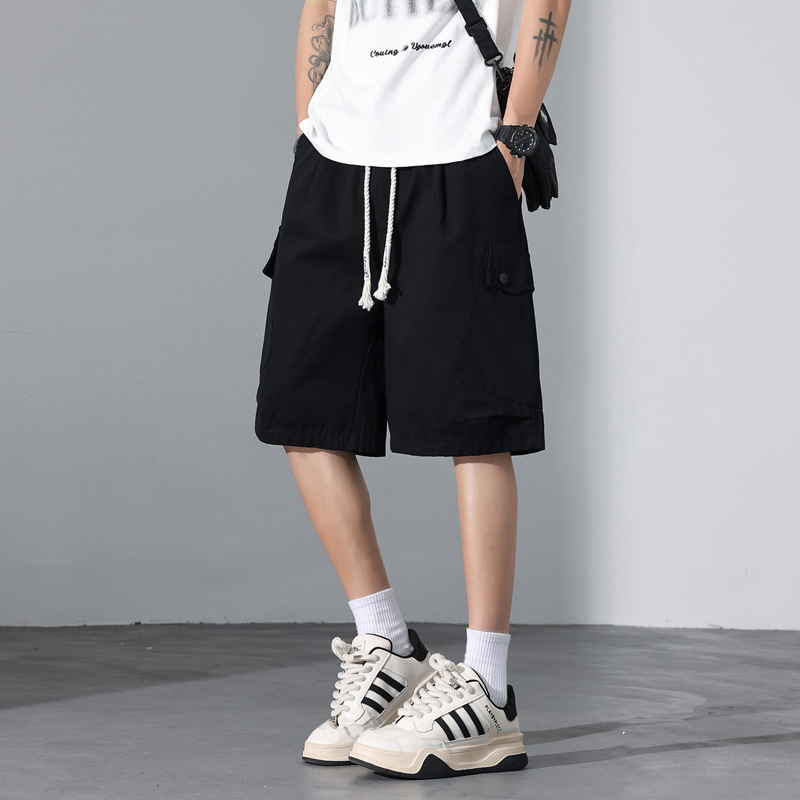 Summer New Pure Cotton Casual Five-Point Pants Men's Summer Thin Fashion Trend Loose Sports Pants Black Apricot