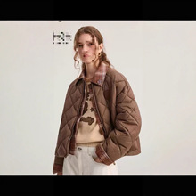 外贸原单秋冬新款 女士小熊 巴恩风拼格子边翻领短款棉服棉衣外套