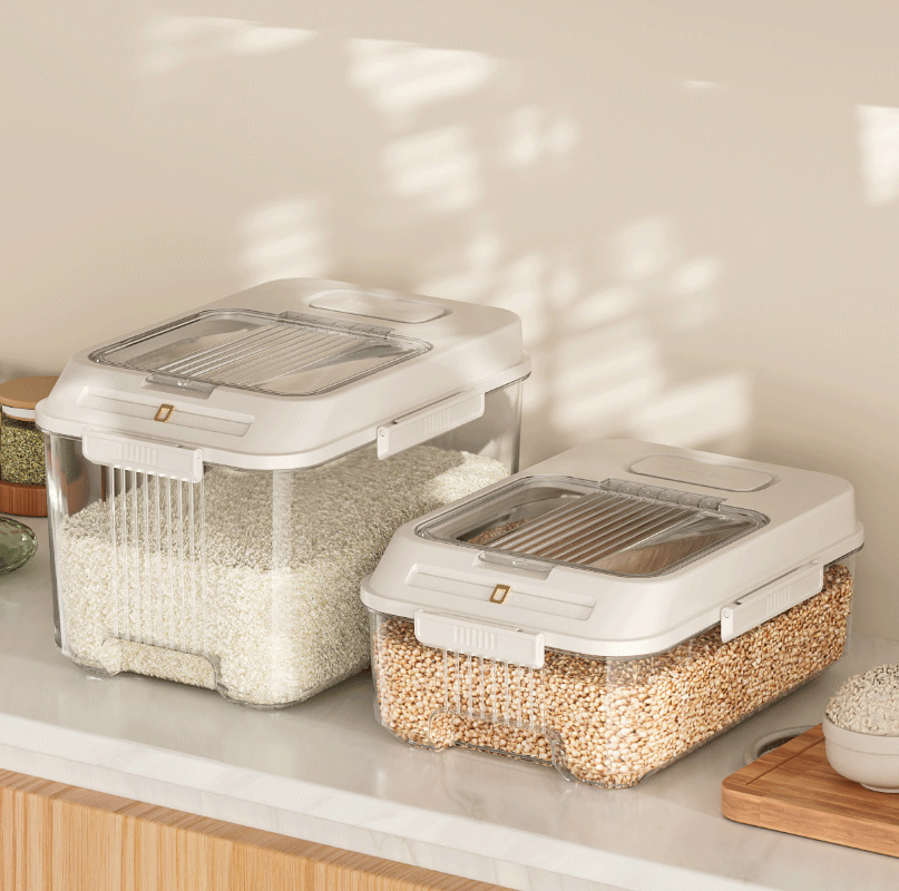Kitchen insect-proof grain rice bucket household light luxury flour box transparent PET rice bucket large volume timed sealed bucket
