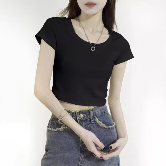 Y2K Sweet Spice Girls Solid Color Shoulder Short-sleeved T-shirt Women's Summer American-style Retro Slim-fit Short Bottoming Top