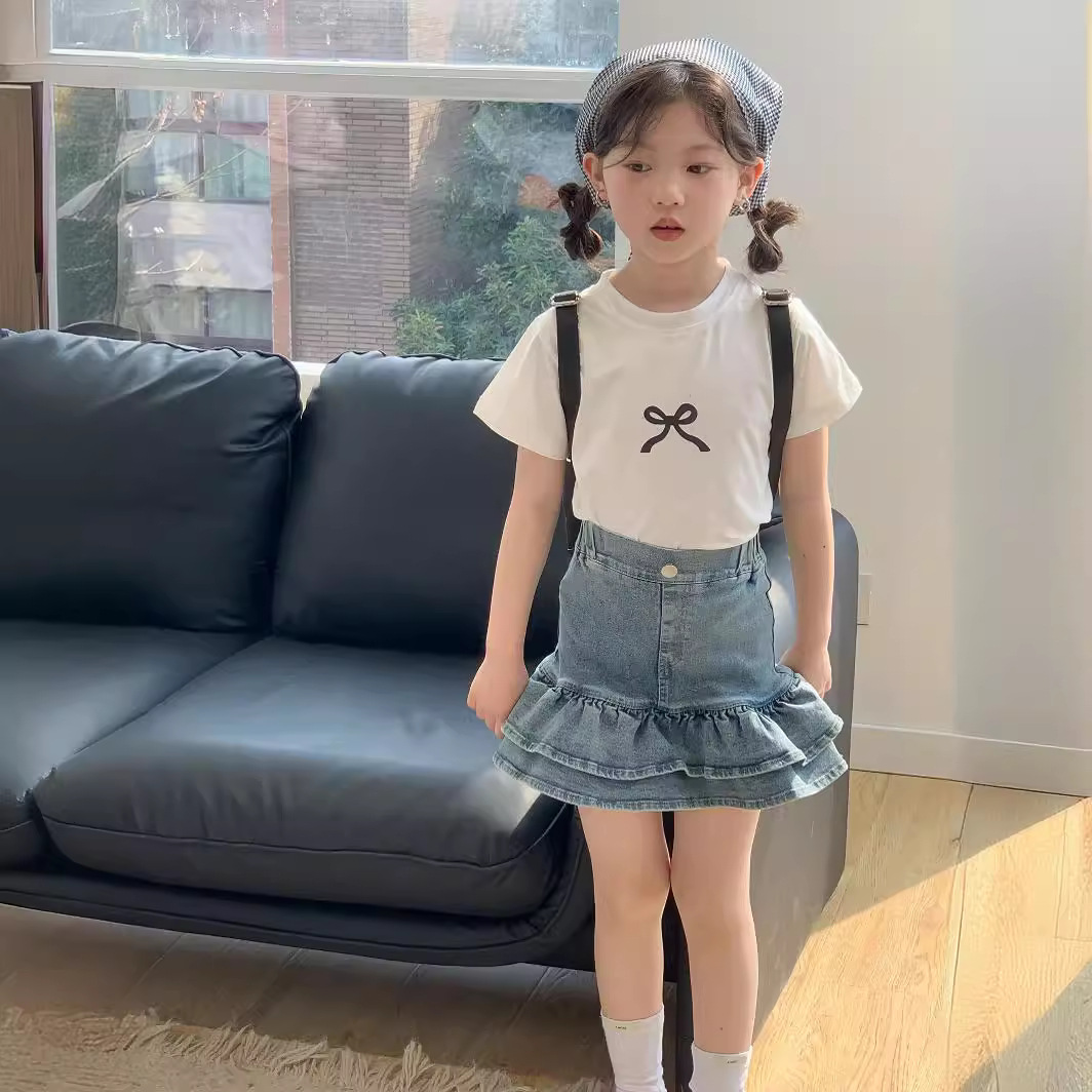 韓版童裝2024夏款女童牛仔短裙中大童女寶花苞裙兒童緊身半身裙