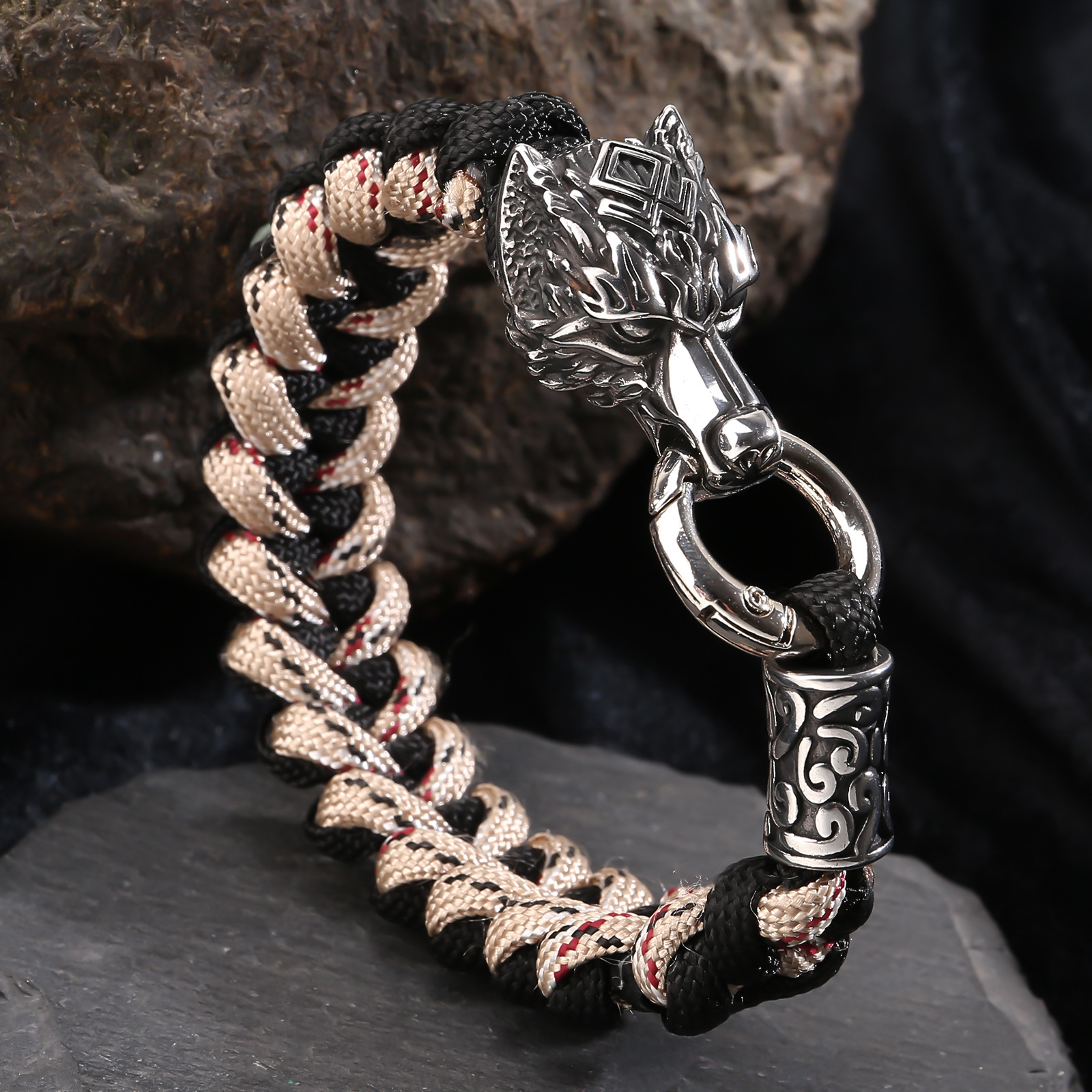 Herren Wikinger Wolfsklaue Edelstahl Survival Paracord Armband_voghion.com