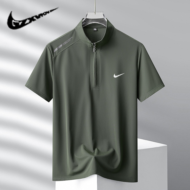 2025 Quality Ice Silk Stand Collar Half-Breasted Zipper Men's Short-Sleeved T-Shirt Summer Thin Breathable Polo Shirt Top for Men