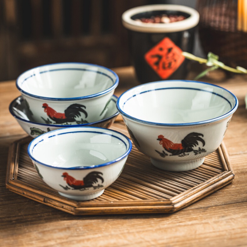 Old-fashioned Nostalgic Rooster Bowl Bucket Bowl Celadon Rice Bowl Household 2025 New Style Ceramic Soup Bowl High Foot Bowl for Personal Use