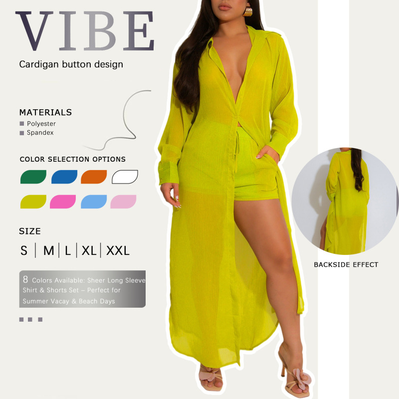 Gy081 European and American Women's New Fashion See-Through Long-Sleeved Cardigan with Button Design and Side Slit Long Shirt and Shorts Set Gy081 European and American Women's New Fashion See-Through Long-Sleeved Cardigan with Button Design and Side Slit Long Shirt and Shorts Set