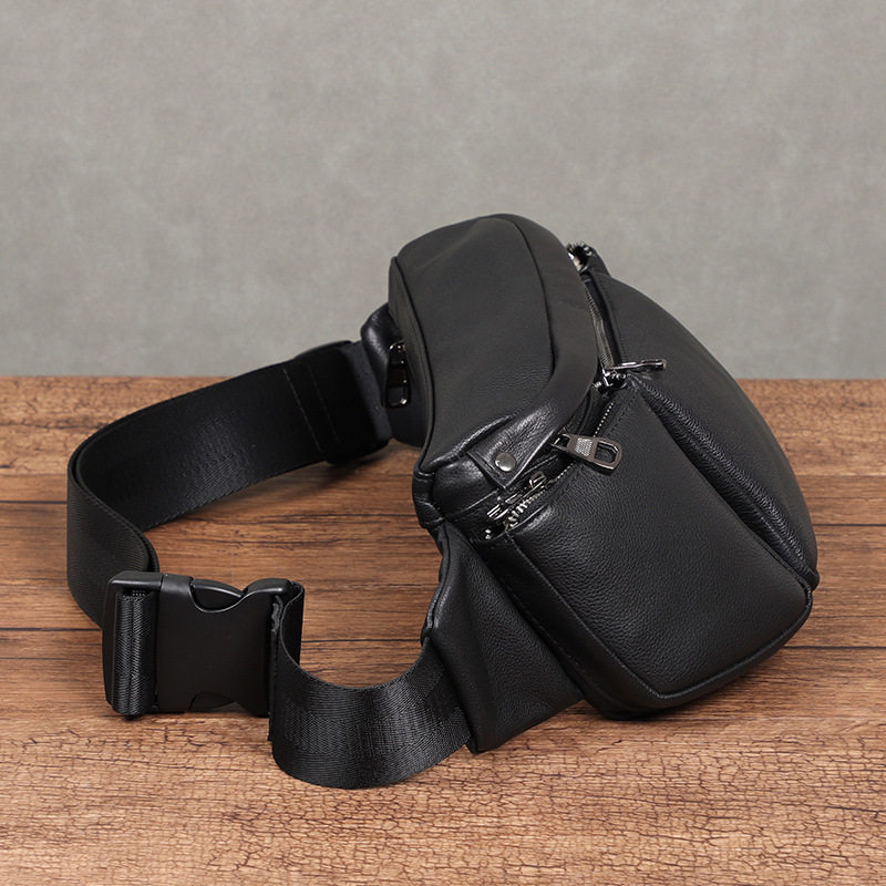 Túi đeo chéo nam da bò lớp đầu tiên, túi đeo ngực dung tích lớn chống trộm 17×7×13 cm — Màu đen chi tiết 3