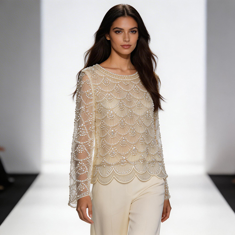 Fashionable New Heavy-Duty Sequined Lace Shirt for Women, Round Neck, Long Sleeves, Versatile Loose Fit, Fish Scale Pattern, Sleeve Studs, Pearl Embellishments Top Fashionable New Heavy-Duty Sequined Lace Shirt for Women, Round Neck, Long Sleeves, Versatile Loose Fit, Fish Scale Pattern, Sleeve Studs, Pearl Embellishments Top