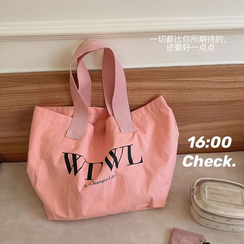 Korean chic salmon pink tote canvas bag ins new versatile letter retro large capacity shoulder bag