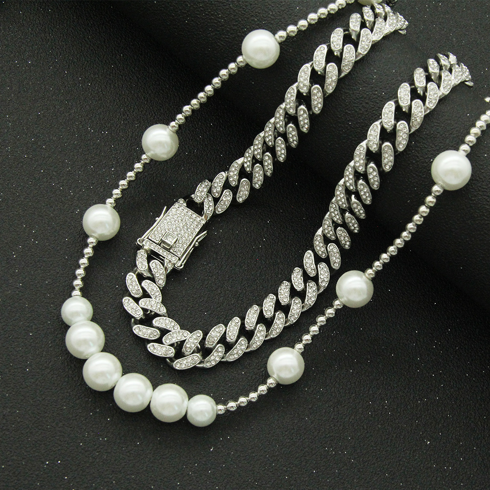 Fashion hip hop metal Cuban necklace thick pearl full diamond alloy necklace