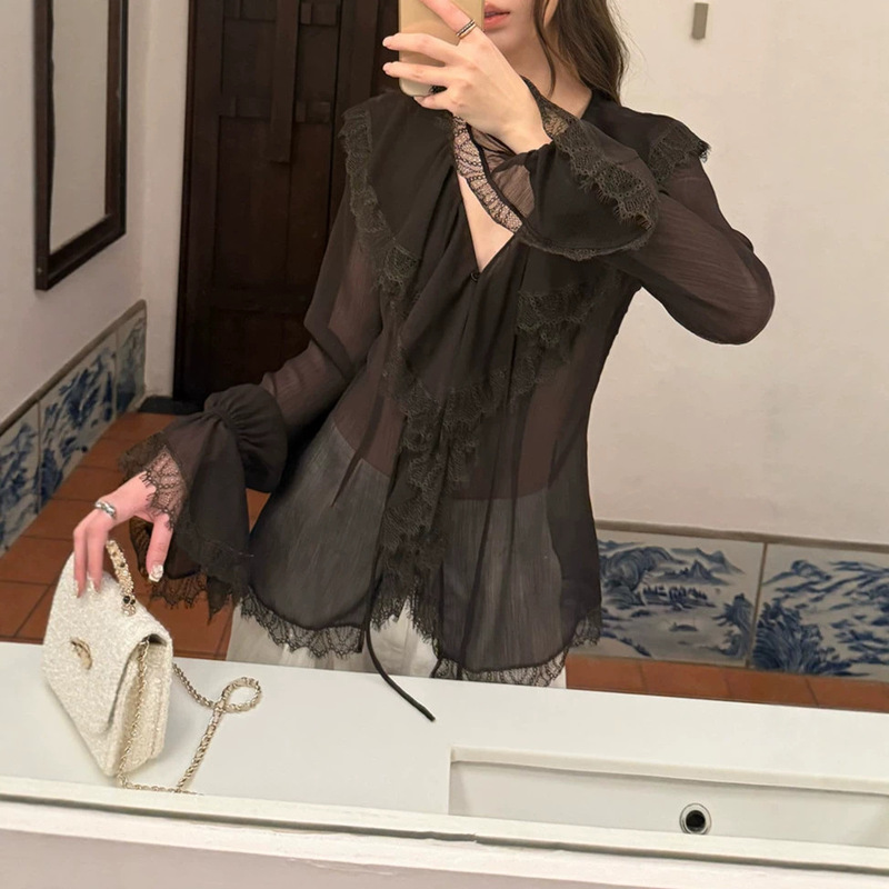 Gake Offici French Lace V-Neck Chiffon Shirt for Women Spring and Summer Textured Ruffle Shirt Gake Offici French Lace V-Neck Chiffon Shirt for Women Spring and Summer Textured Ruffle Shirt