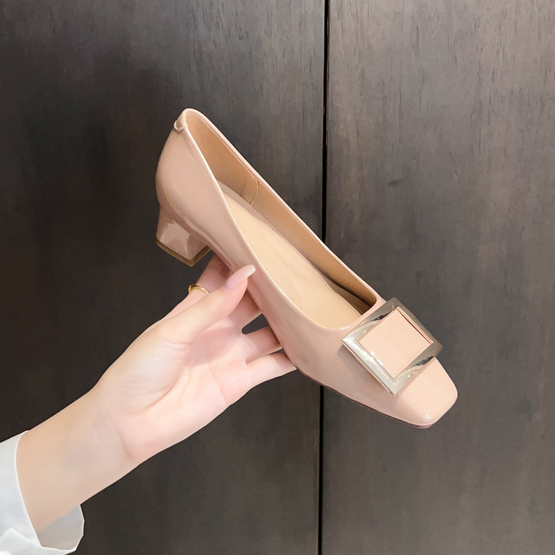 Spring New Style French Square-Toe Elegant Square Buckle Shallow Slip-On Chunky Heel Versatile High-Heeled Shoes Xx816-2