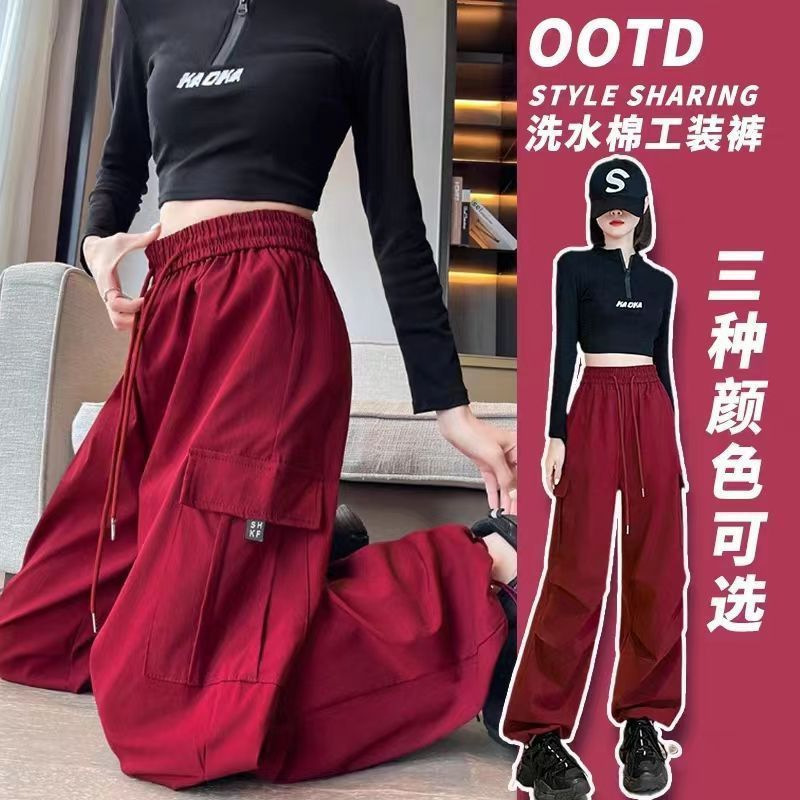 Ancora Red American Style Drawstring Straight Overalls Women's Spring and Summer New High Waist Loose Multi-Pocket Sports Casual Pants
