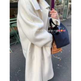 现 2025冬季新款韩国设计师ribb*nbit羊毛长款白色毛呢大衣外套