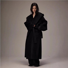 双面羊毛大衣浴袍长款今年流行高支连帽双面羊毛女士呢子外套春季