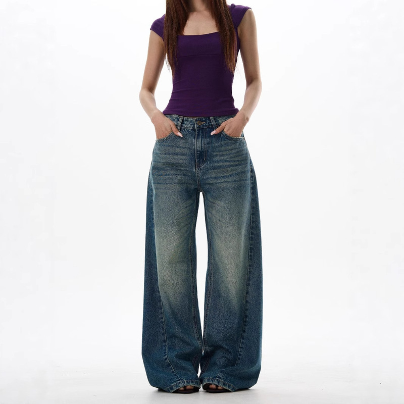 Yongfang American Retro Jeans Blue Washed Distressed Straight Pants for Men and Women Versatile Loose Wide-Leg Floor-Length Pants