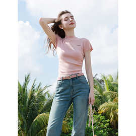 2024春夏季新款针织衫粉色灰色短袖上衣薄修身短款女D391E2043M20