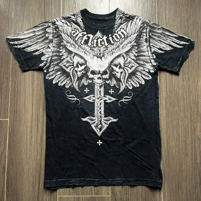 Affliction T-shirt Gothic Cross Skull Wings Black