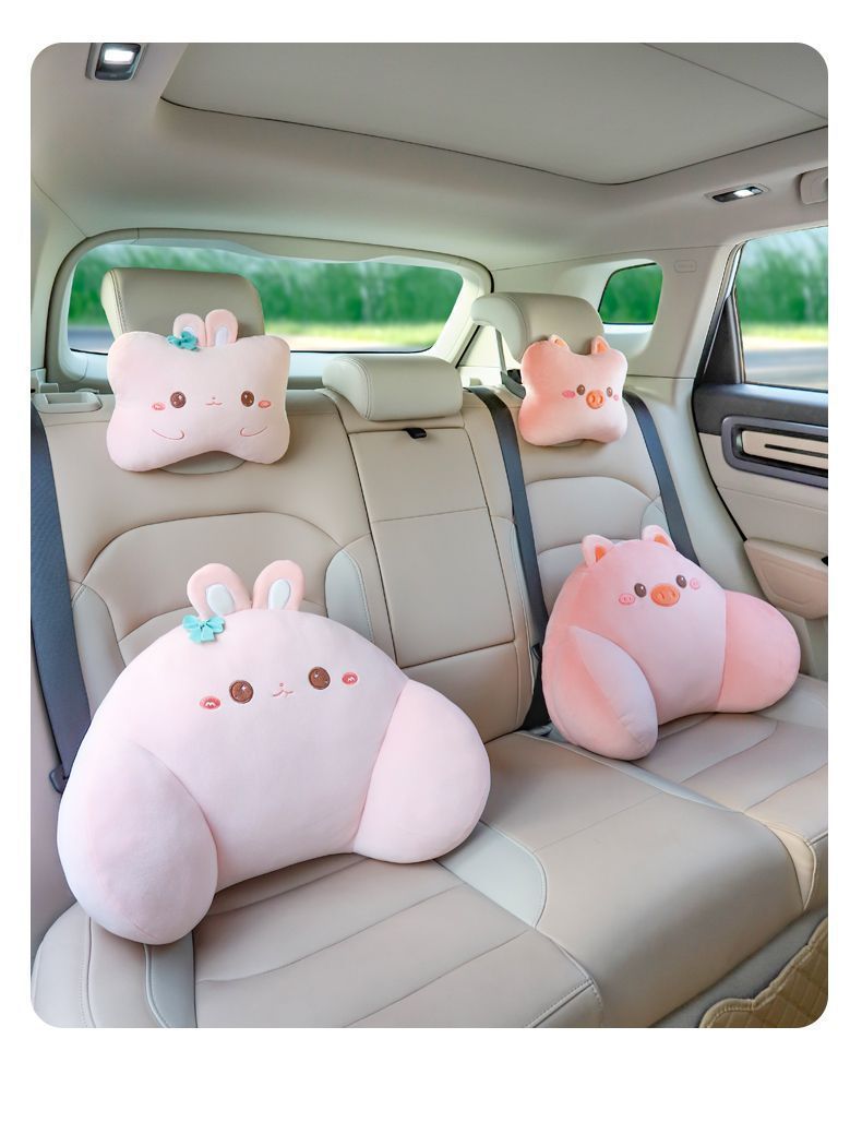 A pair of car headrests and neck pillows, suitable for use in car seats, with a cute cartoon design