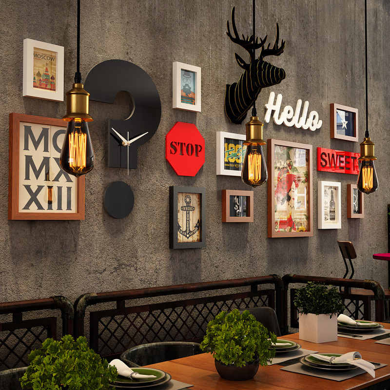 Polymer_2372 industrial wind photo wall deer head clock combination photo frame decorative painting retro photo Polymer_2372 industrial wind photo wall deer head clock combination photo frame decorative painting retro photo