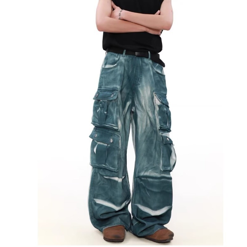 Men's Clothing Retro Washed Tie Dyed Vintage Washed Tie-Dye Gradient Multi-Pocket Cargo Pants For Men & Women - Wide Leg Distressed Denim Jeans_mkmklike.com