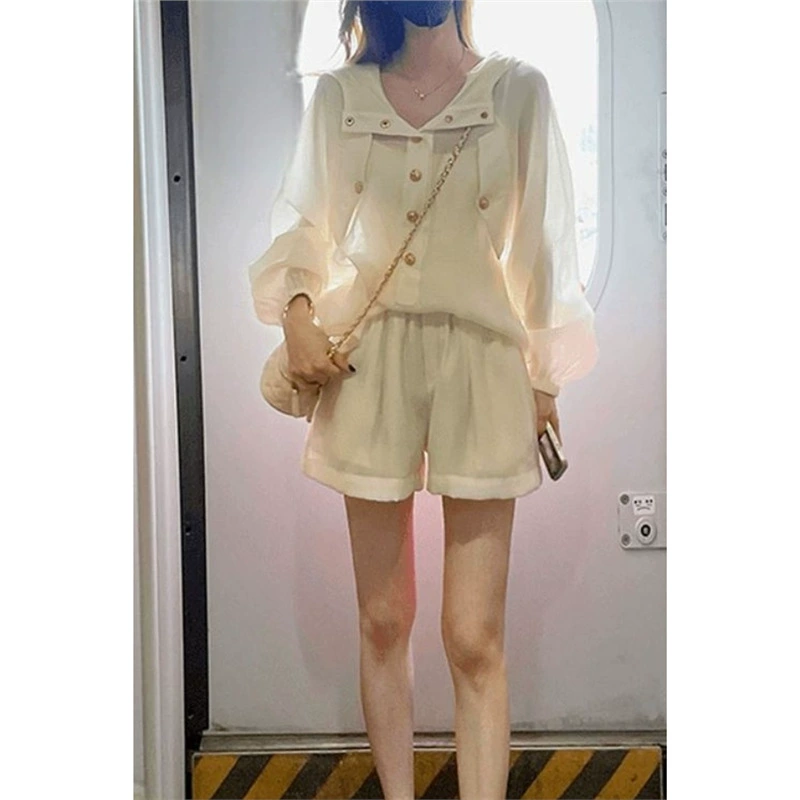 Классный и легкий спортивный костюм для женщин, летний топ с капюшоном и длинными рукавами в ленивом стиле, повседневные шорты, костюм-двойка.