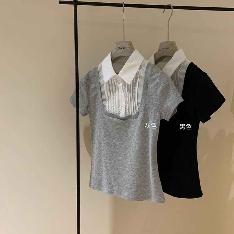 Wgwe3728 Fake Two-Piece Shirt Splicing Shirt Collar Low Waist Slim Sports Top