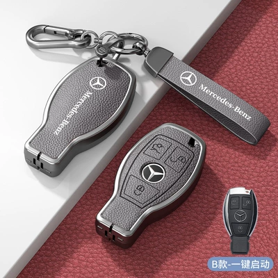 Car key bag — and Women's Key Case Leather - standard-model-b-one-button-start-3-button-gray-zinc-alloy-shell-hardware-hand-strap