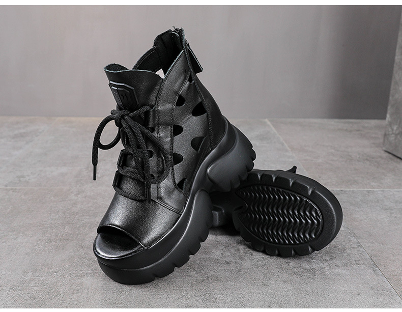 Boot nữ cổ thấp miệng cá đế dày gót 9 cm da thật — Màu đen chi tiết 11