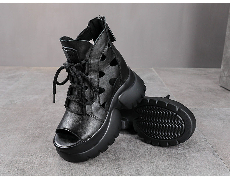 Boot nữ cổ thấp miệng cá đế dày gót 9 cm da thật — Màu đen chi tiết 11