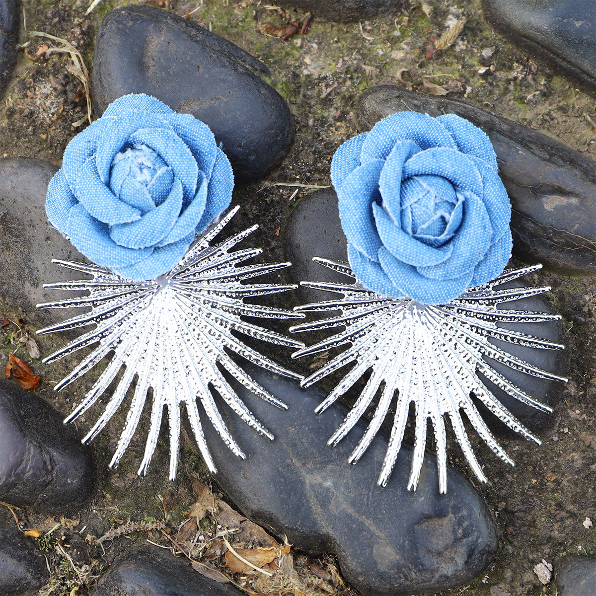 Jean-like Fabric Cloth Multi-Layer Rose Heart-Shape Spliced Earrings