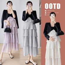 孕妇装2024春季新款时尚v领荷叶边蛋糕裙开衫两件套孕妇连衣裙