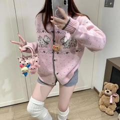 韩系软糯粉色2025秋冬新款休闲百搭费尔岛花纱小狗提花毛衣外套女