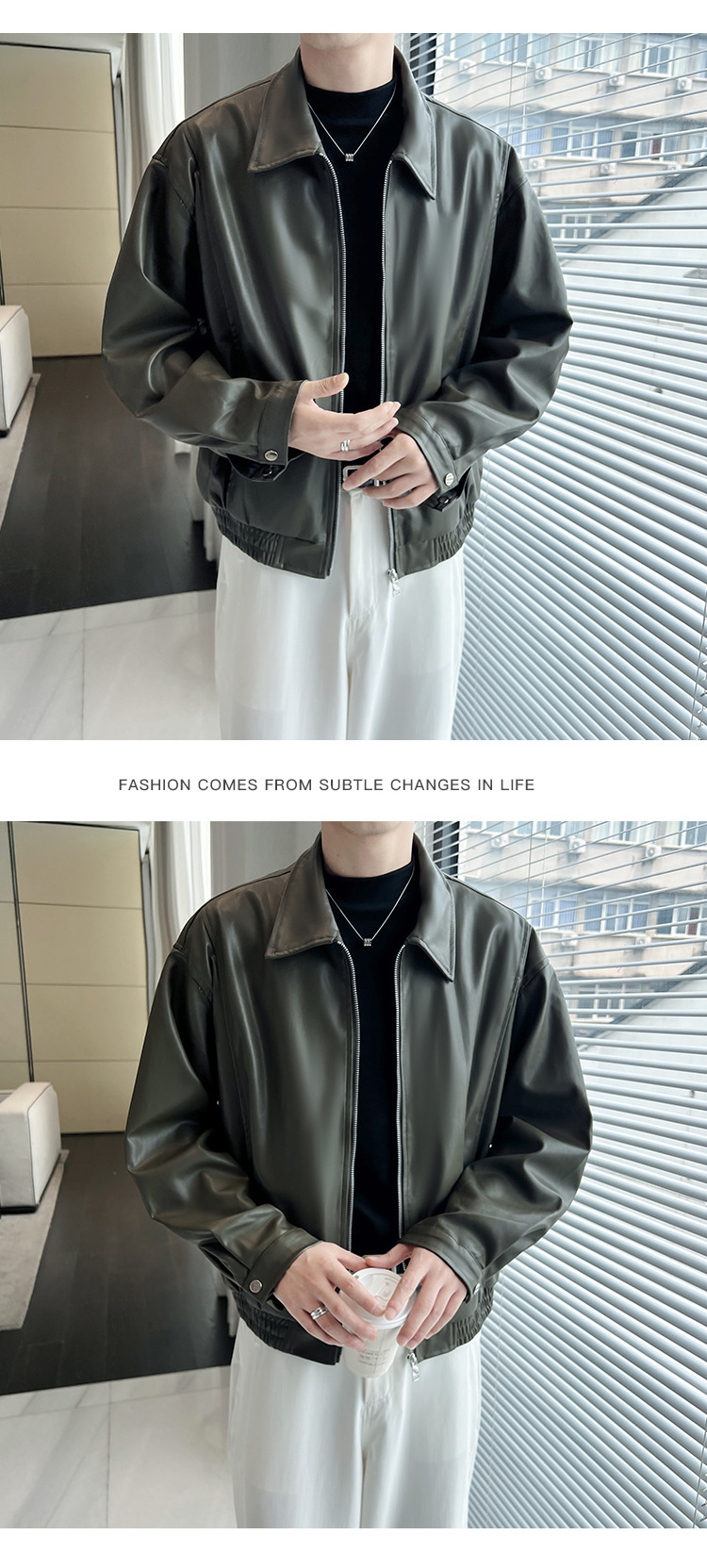 Men's Leather Jacket Black Loose Lapel Pu Leather Biker Style_voghion.com