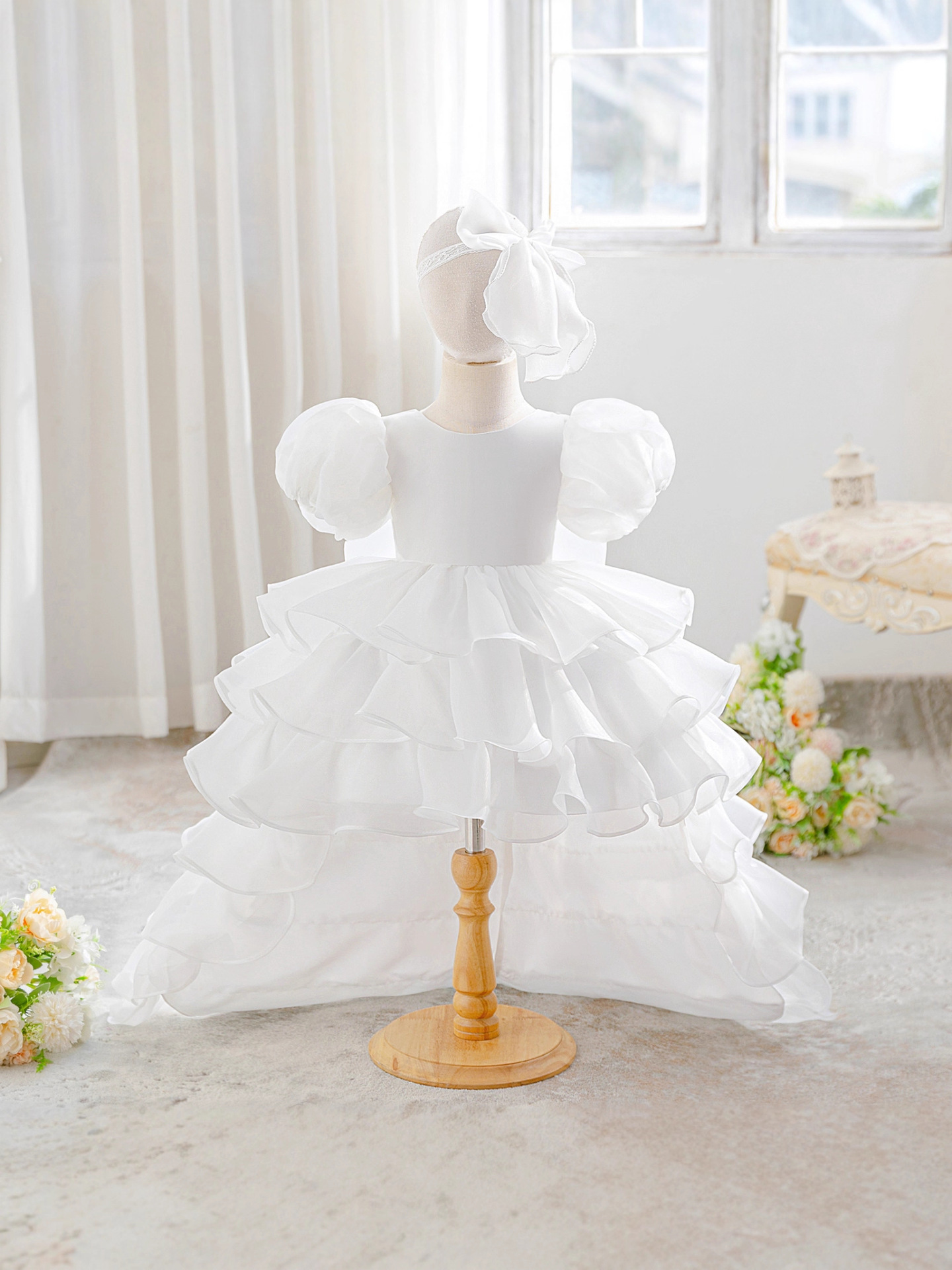 Niños europeos y estadounidenses burbujas mangas oganes falda de cola princesa pompa falda de pastel vestido de boda floral falda correa de pelo gratis
