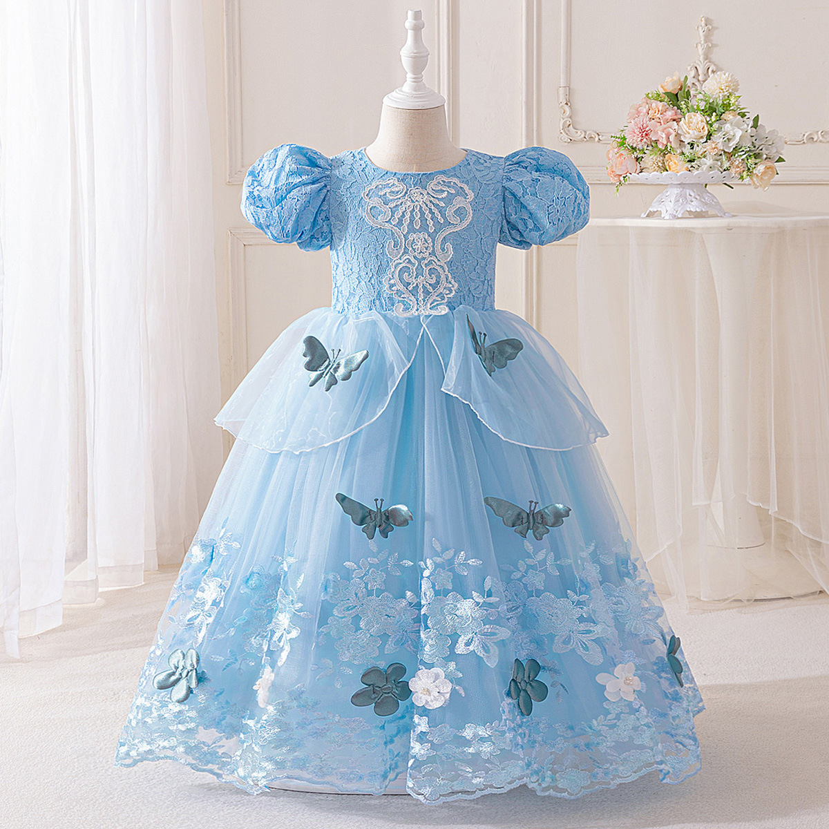 Vestidos para niños, vestidos de princesa, mangas abullonadas, tela forjada, niña de las flores, vestido de fiesta para niña, vestido de noche de un año para bebés