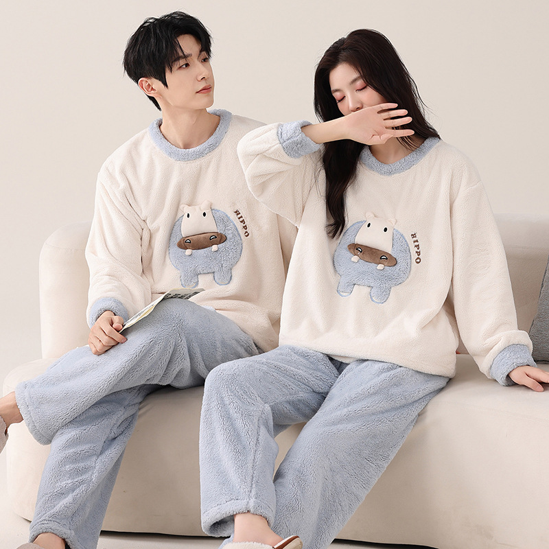 Couple Pajamas for Women Autumn and Winter Coral Velvet Thickeneded Fleece-Lined New Pullover Cute Men's Home Wear Set