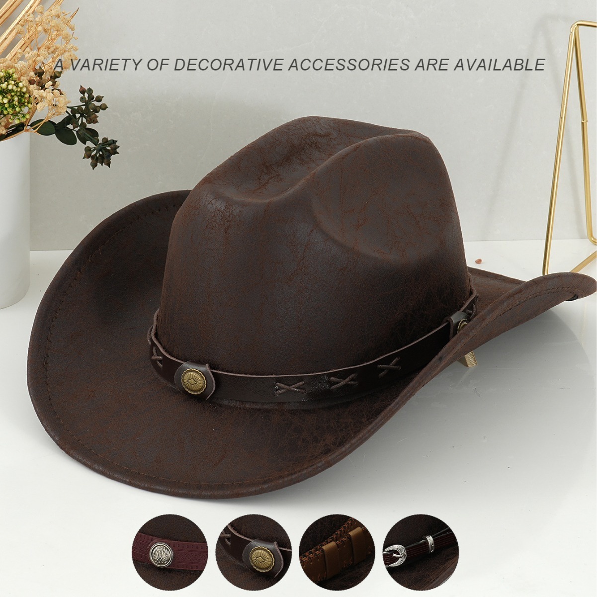Vintage Western Cowboy Hat Distressed Leather Buckle Cross Stitched Metal Men's And Women's Party Outdoor Music Festival Hat_voghion.com