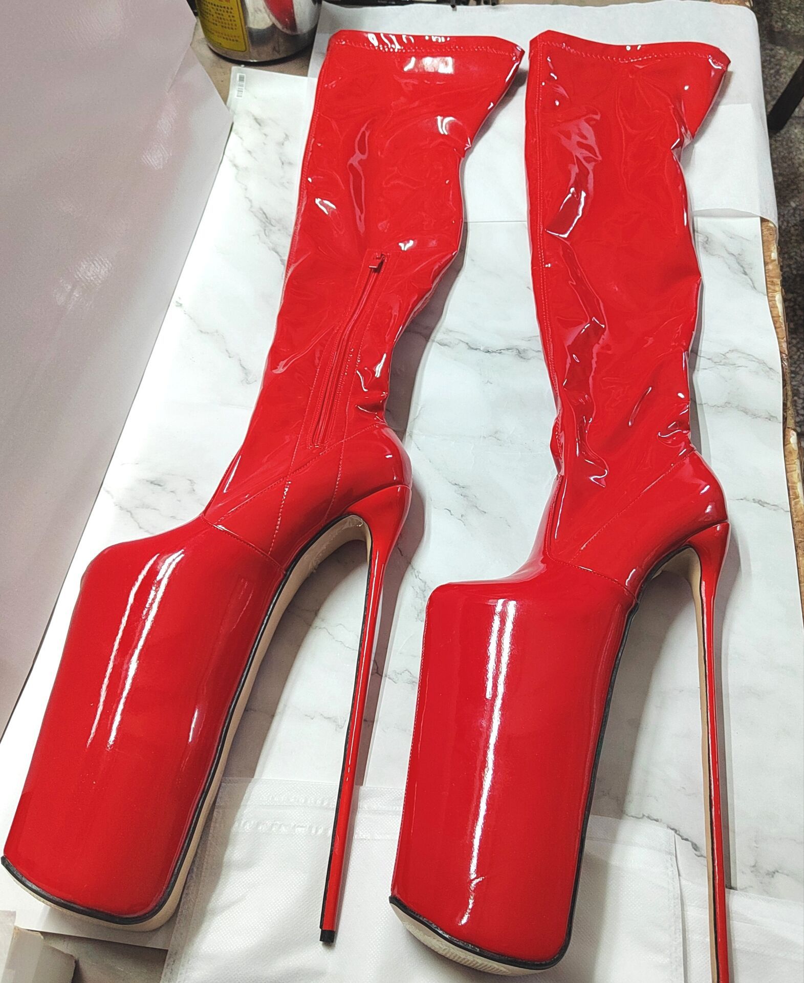 Boot nữ da sáng chế cổ cao trên đầu gối gót 22 cm, phong cách Âu Mỹ gợi cảm — Màu đỏ (gót cao 22cm cm) không đổi trả chi tiết 1