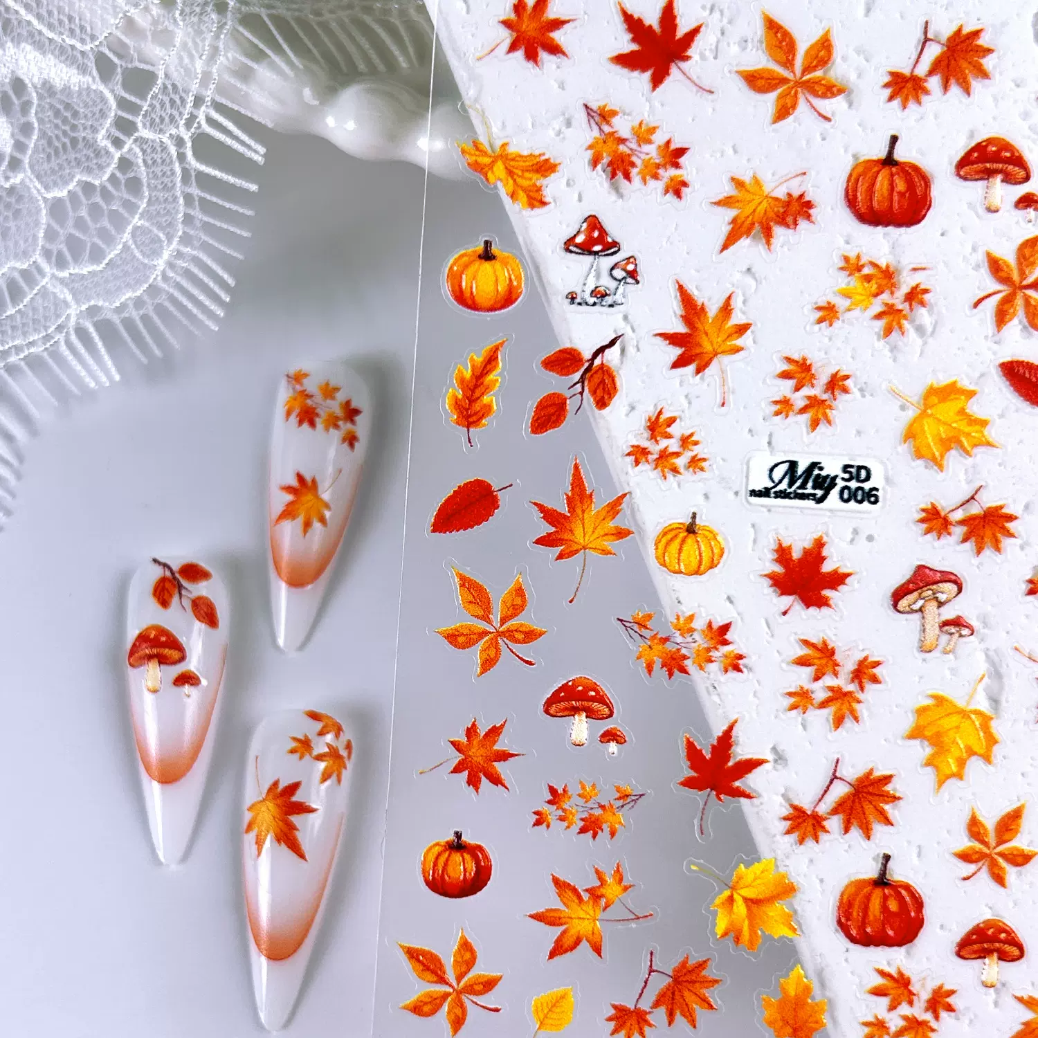 跨境秋季浮雕指甲贴蘑菇南瓜立体背胶指甲装饰贴火红色树叶美甲贴
