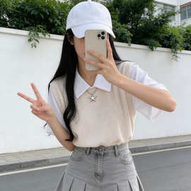 POLO领假两件学院风简约拼色短袖翻领T恤女宽松显瘦休闲百搭上衣