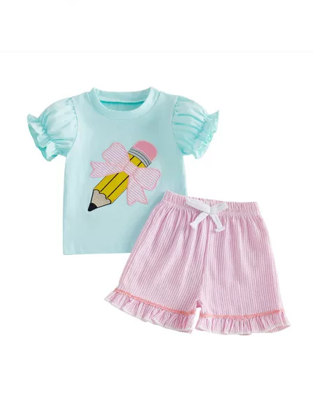 Summer Kidsren's Short-Sleeved Cotton Suit for Girls, Cute Pencil Pattern Top + Pink Stripesd Shorts Two-Piece Set