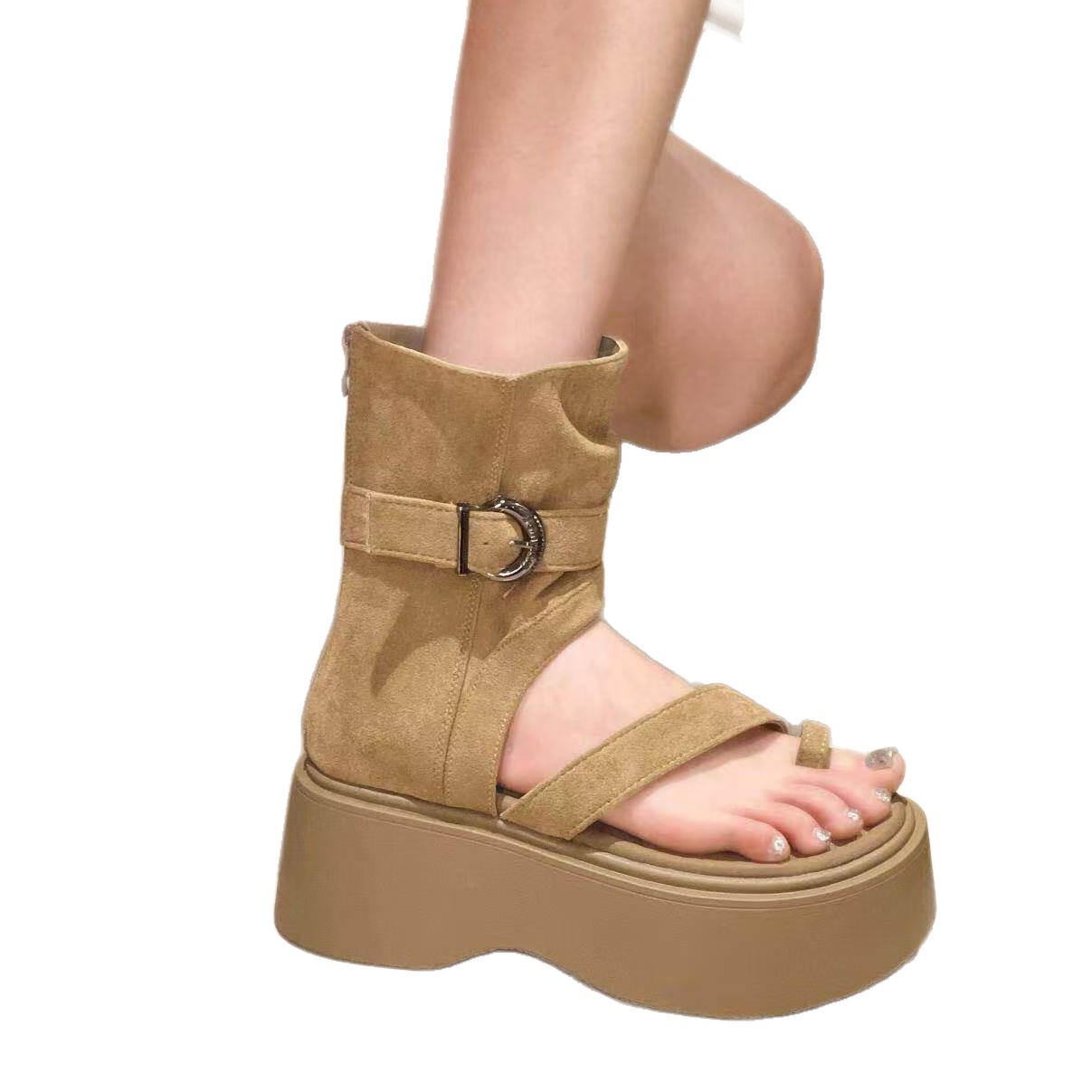 Retro botas romanas de fondo grueso para mujeres 2026 verano nuevo conjunto de moda de sandalias de dedos altos para aumentar la altura de las botas de cremallera