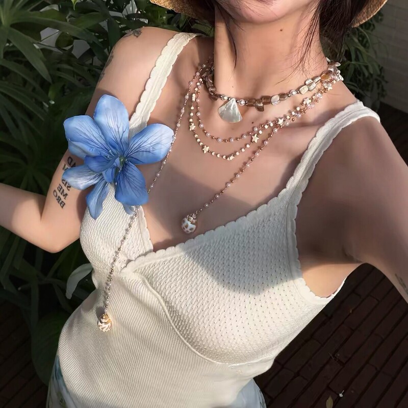 Niche Design Bohemian Style Multi-Layered Shell Star Pearl Necklace for Women Seaside Vacation Style Clavicle Chain