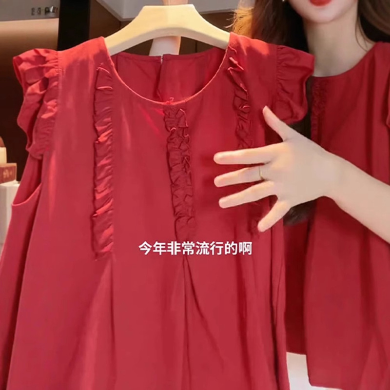 女性用の赤い袖のシャツ、夏の美しいベビードールシャツ、フレンチトップ|undefined