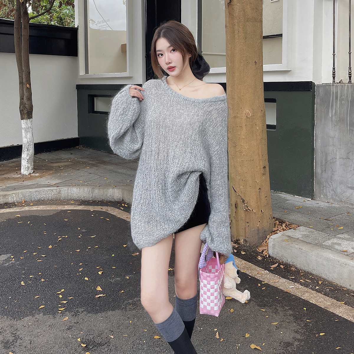 女明星气质超幼马海系列宽松露肩上衣纯色灯笼袖针织毛衣