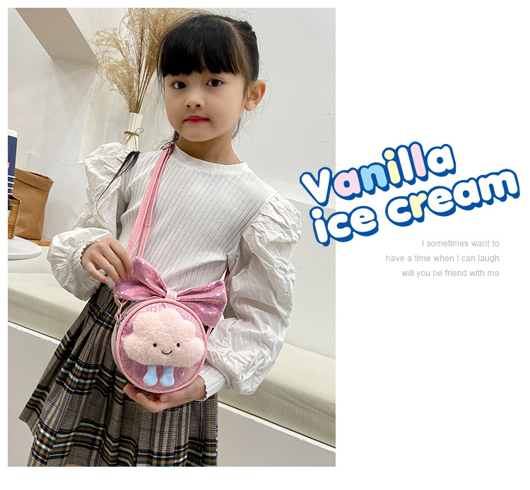 Kid'S Small Pu Leather Clouds Bow Knot Cute Sequins Round Zipper Crossbody Bag display picture 5