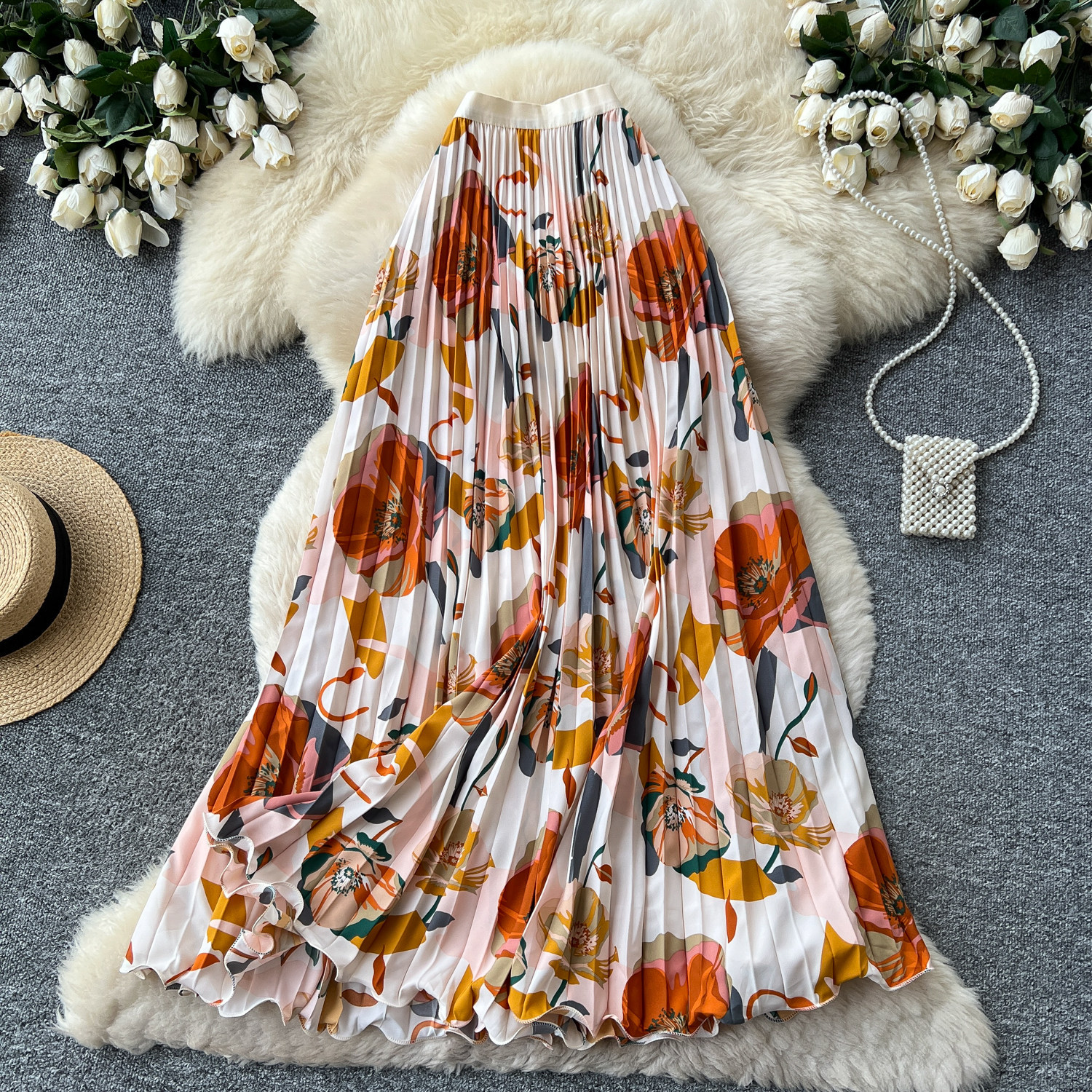 High Waisted Slimming Pleated Midi Skirt for Women French Style Printed A-Line Perfect for Summer Vacation And Work_ecoleips.com